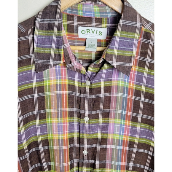 Orvis 100% Cotton Plaid Button Down Shirt Brown Purple Green Size Large … - Picture 2 of 6